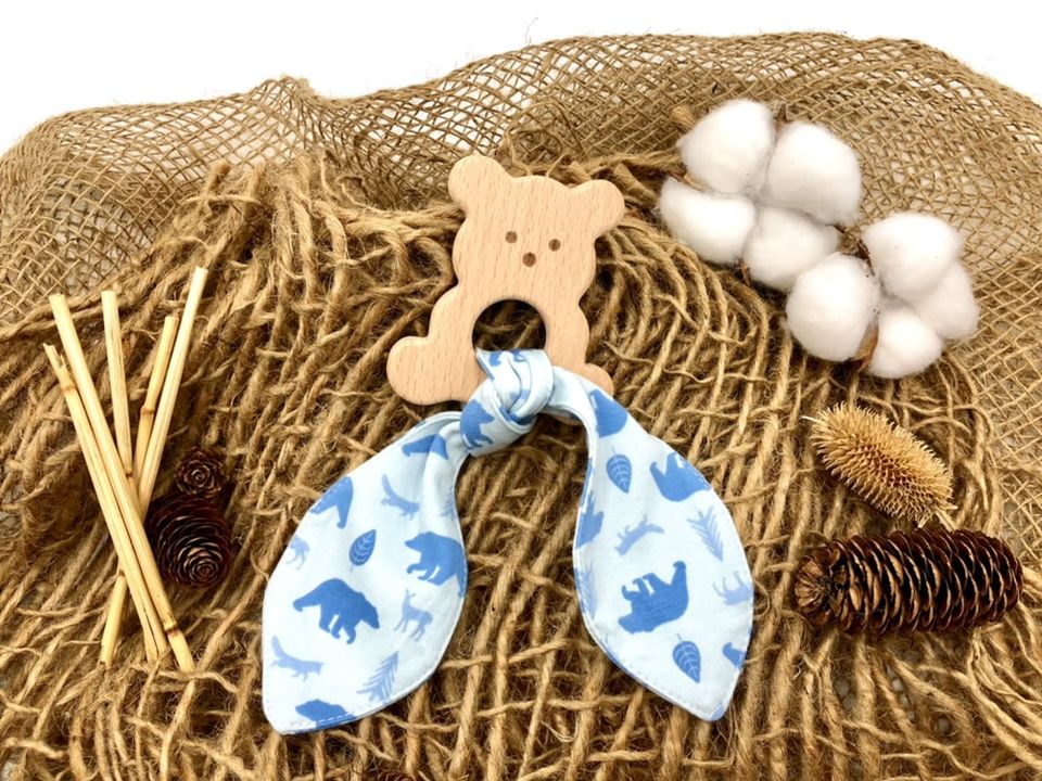 #SaveTheAnimals: Natural Wooden Teether + Organic Cotton Cloth (Big Bear)