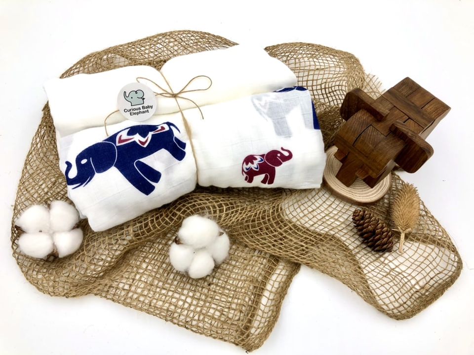 #SaveTheElephants: Bamboo Pure Cotton Muslin Swaddle Blankets Set (Elephant + White)