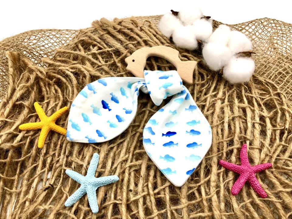 #SaveTheMarineLife: Natural Wooden Teether + Organic Cotton Teether Cloth (Fishes)